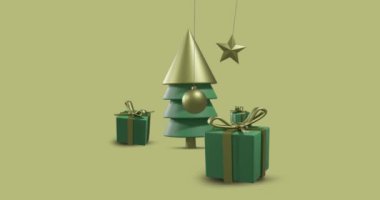 Sarı arka planda noel süslerinin animasyonu. Noel, gelenek ve kutlama konsepti dijital olarak oluşturuldu.