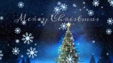 Mutlu noeller yazılı afiş ve gece gökyüzüne düşen yılbaşı ağacının animasyonu. Noel şenliği ve kutlama konsepti