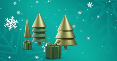 Yeşil arka planda yılbaşı ağaçları ve dekorasyonları. Noel, şenlik, kutlama ve gelenek konsepti dijital olarak oluşturuldu.