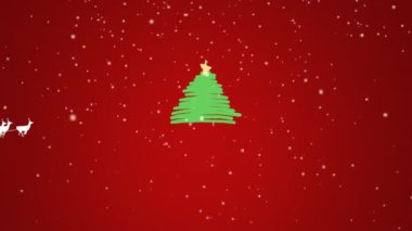 Kırmızı arka planda Noel Baba 'nın Ren geyikleriyle Noel Baba' nın Noel ağacında yaptığı animasyon. Noel, gelenek ve kutlama konsepti dijital olarak oluşturuldu.