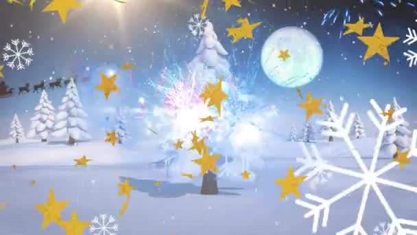 Animação Flocos Neve Estrelas Douradas Sobre Paisagem Inverno Contra Céu — Vídeo de Stock