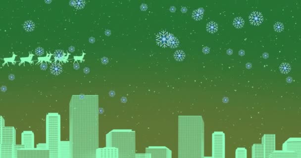由驯鹿和城市景观拉动的雪橇把雪花飘落在圣塔爪上的动画 圣诞庆典和庆祝活动的概念 — 图库视频影像