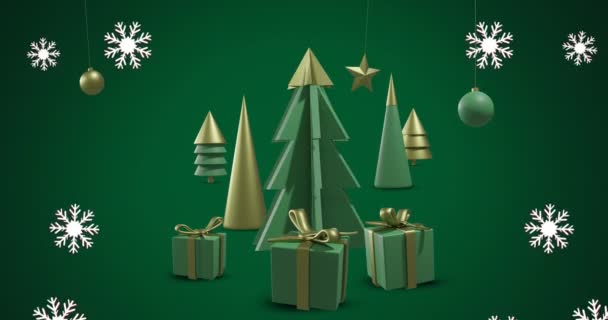 Animation Von Weihnachtsbäumen Und Dekorationen Auf Grünem Hintergrund Weihnachten Fest — Stockvideo