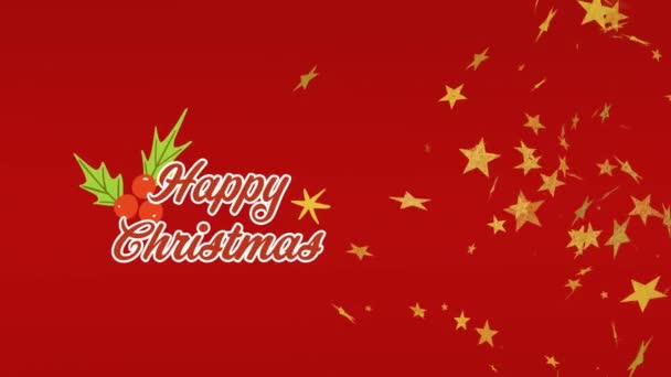 Kırmızı Arka Planda Mutlu Noeller Üzerine Altın Yıldızların Animasyonu Noel — Stok video