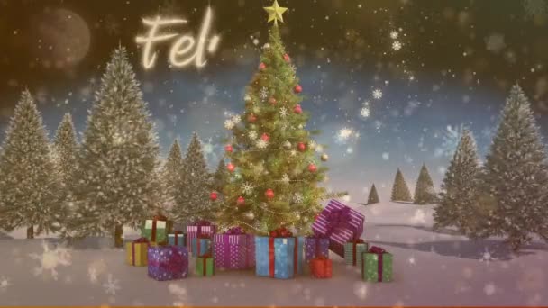 Animation Feliz Navidad Text Snöfall Barrträd Och Presentera Lådor Mot — Stockvideo