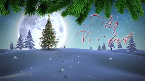 Choinka Gałęzie Boże Narodzenie Śnieg Spada Nad Choinką Zimowy Krajobraz — Wideo stockowe