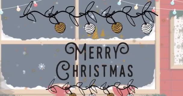 Animáció Boldog Karácsonyi Szöveg Baubles Ablakok Ellen Hópelyhek Digitálisan Generált — Stock videók