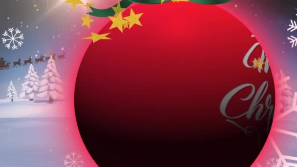 Animação Flocos Neve Estrelas Sobre Texto Natal Alegre Bugiganga Vermelha — Vídeo de Stock