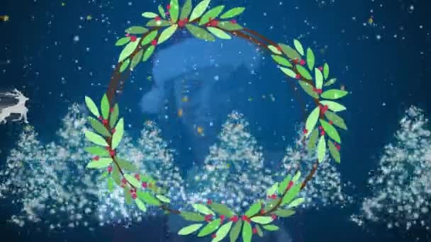 Animace Sněhu Přes Veselé Vánoce Textový Prapor Proti Vánočním Stromům — Stock video