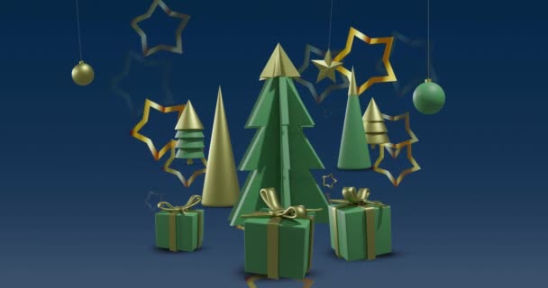 蓝色背景下的圣诞树和装饰品的动画 圣诞节 庆祝和传统概念数字制作的录像 — 图库视频影像