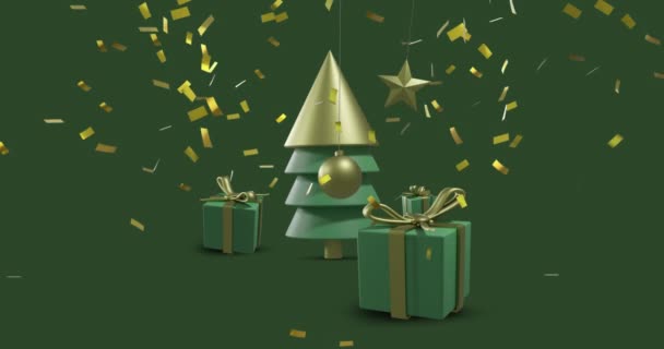 Animation Confetti Falling Christmas Decorations Green Background Christmas Tradition Celebration — Stock Video