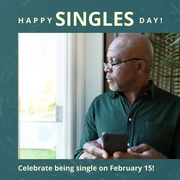 Happy Singles Day Celebrate Being Single February Text Thoughtful Bald — Zdjęcie stockowe
