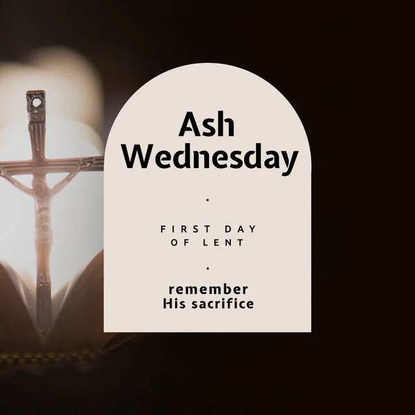 Ash wednesday, first day of lent, remember his sacrifice text in arch with crucifix over lens flare. Digital composite, abstract, christianity, holy, prayer, fasting, lent, belief and religion concept