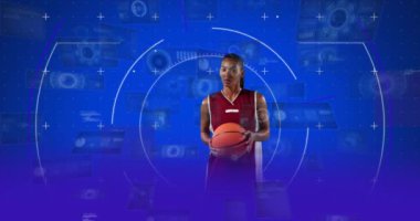 Animation of data processing over female basketball player. Global sports, fitness, computing and data processing concept digitally generated video.