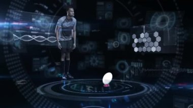 Animation of data processing over male rugby player. Global sports, fitness, computing and data processing concept digitally generated video.