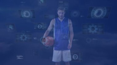 Animation of data processing over male basketball player. Global sports, fitness, computing and data processing concept digitally generated video.
