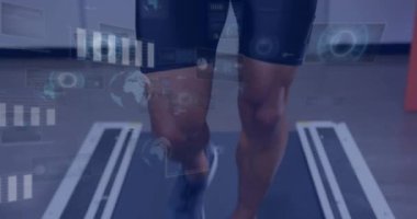 Animation of data processing over man running on treadmill, exercising in gym. Global sports, fitness, computing and data processing concept digitally generated video.