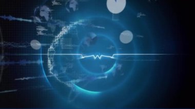 Animation of scientific data processing over screens and human brain. Global medicine, science, business, finance, computing and data processing concept digitally generated video.