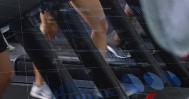 Animation of data processing over people on treadmill, exercising in gym. Global sports, fitness, computing and data processing concept digitally generated video.