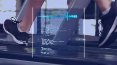 Animation of data processing over women running on treadmill, exercising in gym. Global sports, fitness, computing and data processing concept digitally generated video.