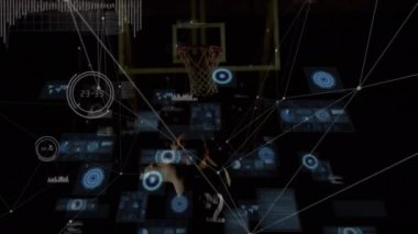 Animation of data processing over male basketball player. Global sports, fitness, computing and data processing concept digitally generated video.