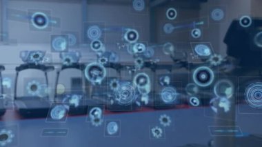 Animation of data processing over gym equipment. Global sports, fitness, computing and data processing concept digitally generated video.