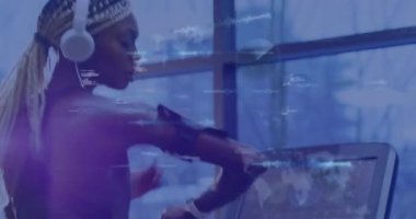 Animation of data processing over woman running on treadmill, exercising in gym. Global sports, fitness, computing and data processing concept digitally generated video.