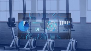 Animation of data processing over gym equipment. Global sports, fitness, computing and data processing concept digitally generated video.