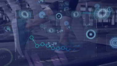 Animation of data processing over woman running on treadmill, exercising in gym. Global sports, fitness, computing and data processing concept digitally generated video.