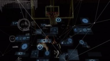 Animation of data processing over male basketball player. Global sports, fitness, computing and data processing concept digitally generated video.
