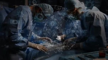 Animation of scientific data processing over screens and surgeons. Global medicine, science, business, finance, computing and data processing concept digitally generated video.