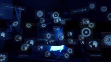 Animation of scientific data processing over screens. Global medicine, science, business, finance, computing and data processing concept digitally generated video.