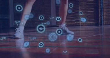 Animation of data processing over male basketball player. Global sports, fitness, computing and data processing concept digitally generated video.