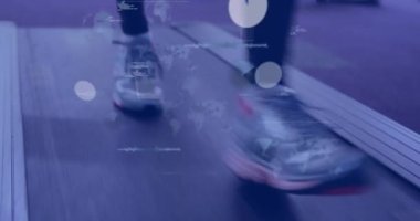 Animation of data processing over woman running on treadmill, exercising in gym. Global sports, fitness, computing and data processing concept digitally generated video.