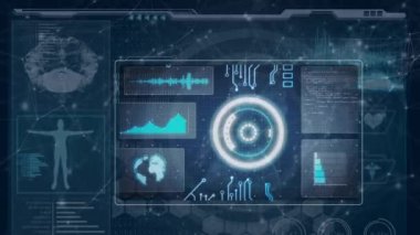 Animation of scientific data processing over screens. Global medicine, science, business, finance, computing and data processing concept digitally generated video.