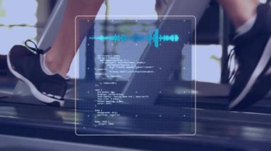 Animation of data processing over women running on treadmill, exercising in gym. Global sports, fitness, computing and data processing concept digitally generated video.