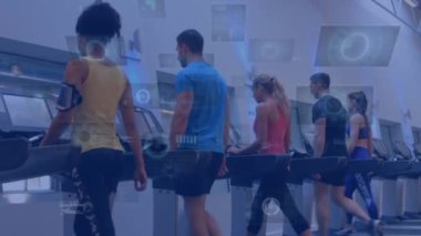 Animation of data processing over diverse people exercising in gym. Global sports, fitness, computing and data processing concept digitally generated video.