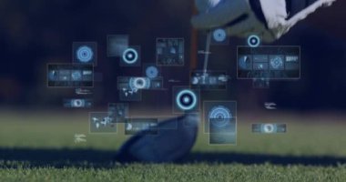 Animation of data processing over golf player. Global sports, fitness, computing and data processing concept digitally generated video.