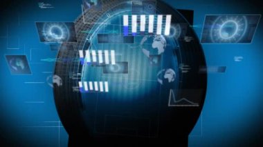 Animation of data processing over sports stadium. Global sports, fitness, computing and data processing concept digitally generated video.