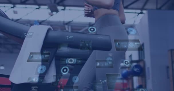Animation Data Processing Woman Running Treadmill Exercising Gym Global Sports — Stock videók