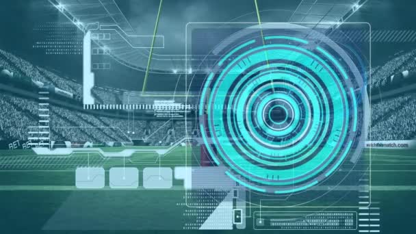 スポーツ競技場でのラグビーピッチ上のデータ処理のアニメーション グローバルスポーツ フィットネス コンピューティング データ処理の概念デジタル生成ビデオ — ストック動画
