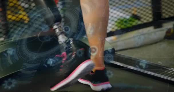 Animation Data Processing Woman Artificial Limb Treadmill Exercising Gym Global — Vídeo de stock