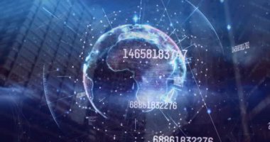 Animation of data processing over globe. Global connections, business, finance, computing and data processing concept digitally generated video.