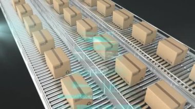 Animation of screens with data processing over boxes on conveyer belt against black background. Logistics business technology concept