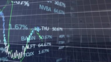 Animation of financial data processing over wind turbines. Global environment, sustainability, business, finance, computing and data processing concept digitally generated video.