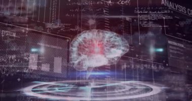 Animation of human brain and data processing over scope. Global connections, business, finance, computing and data processing concept digitally generated video.