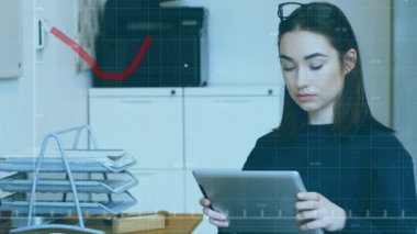 Animation of financial data processing over businesswoman using tablet. Global connections, business, finance, computing and data processing concept digitally generated video.