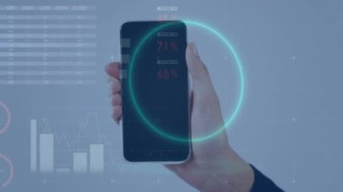 Animation of financial data processing over caucasian woman using smartphone. Global shopping, business, finance, computing and data processing concept digitally generated video.