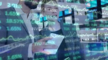 Animation of data processing over diverse business people at airport. Global business, finance and data processing concept digitally generated video.