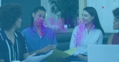 Animation of nft text, statistics and data processing over diverse business people. Global business, finance, computing and data processing concept digitally generated video.